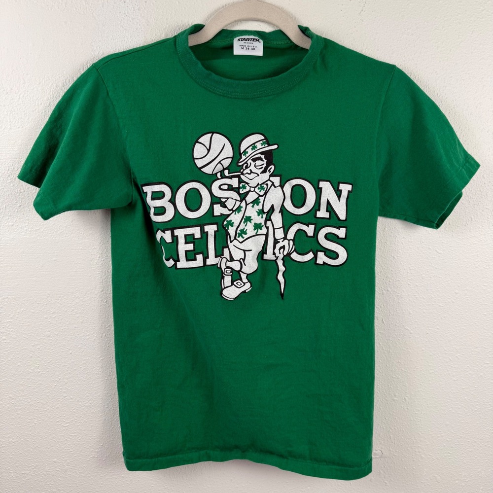 Vtg Starter Boston Celtics T Shirt Kids M 38-40 Green NBA Graphic Single-Stitch